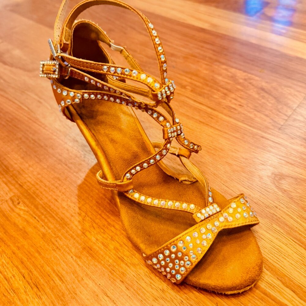 Gold Strappy Suede Bottom Salsa Dance Heels